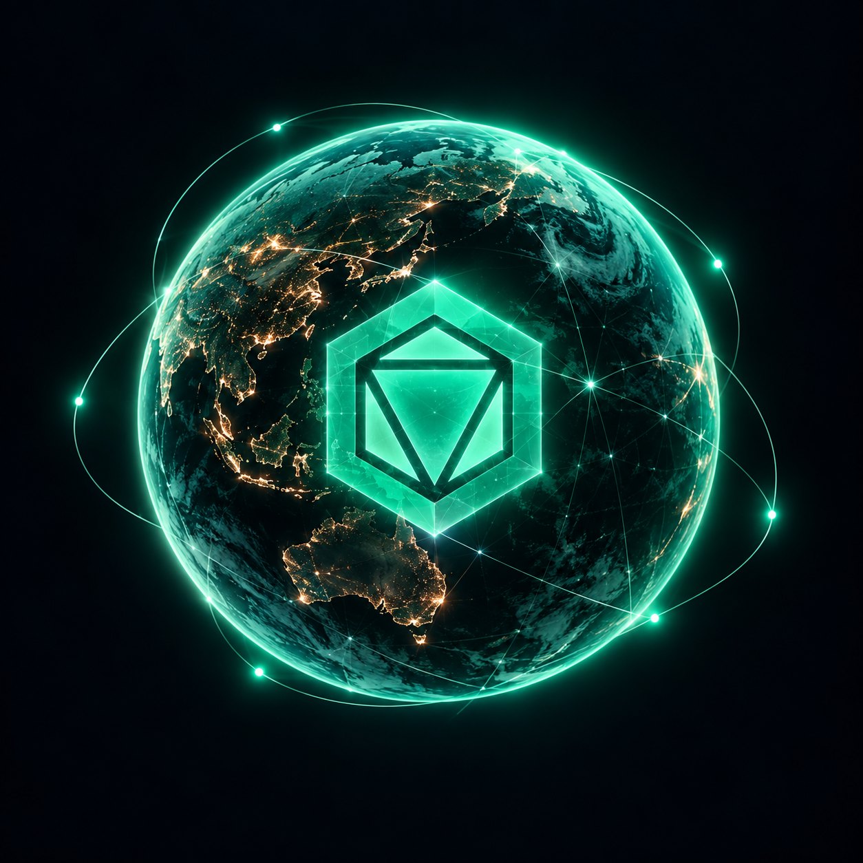 Glowing green planet with the Softler emblem